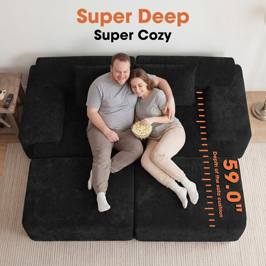 84" Modular Boneless Sofa Bed, Loveseat Couch with Ottomans, Black | Sectional Modular Couch, 15.4" Wider Armrest, 12" Thick Back, 2 Free Pillows, Non-Slip Base, Boneless Sofas for Living Room