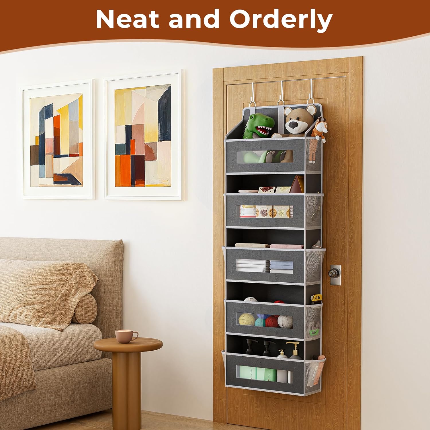 2 Packs 5-Tier Over the Door Organizer with 10 Side Mesh Pockets, 48 lbs Load Capacity, 3 Hooks Design, Hanging Storage Organizer with Clear Windows for Bathroom, Bedroom, Nursery, Kitchen-Grey