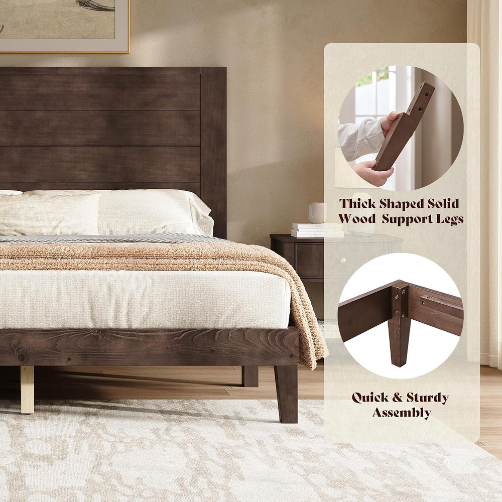 AMERLIFE Queen Size Solid Wood Bed Frame with 48" Headboard Design, Walnut
