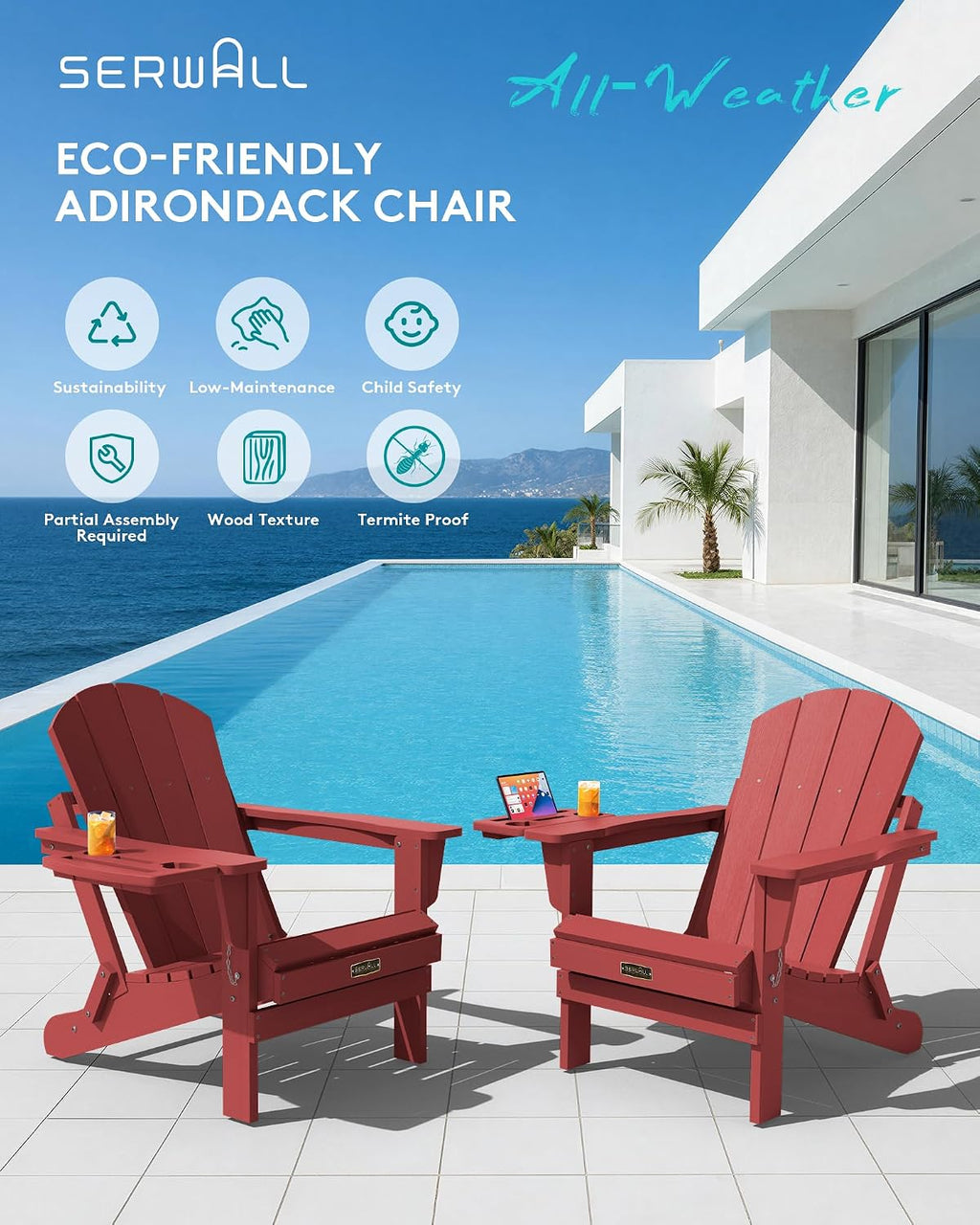 SERWALL Folding Adirondack Chair, 4 in 1 Cup Holder Wood Texture - Red | Outdoor Adirondack Chairs, Plastic Fire Pit Chair with Wood Texture, 4 in 1 Tray, Lawn Chair, Backyard Patio Seating