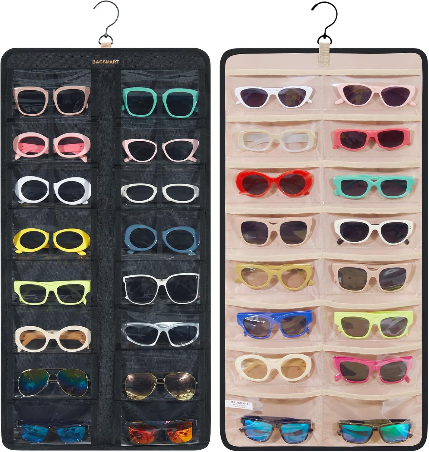BAGSMART Hanging Jewelry Organizer, Dust Proof Sunglasses Storage Case Wall Mounted, Travel Dual Sided Glasses Case Multiple Pairs, Eyeglasses Holder with 32 Clear Slots & Metal Hook, Black