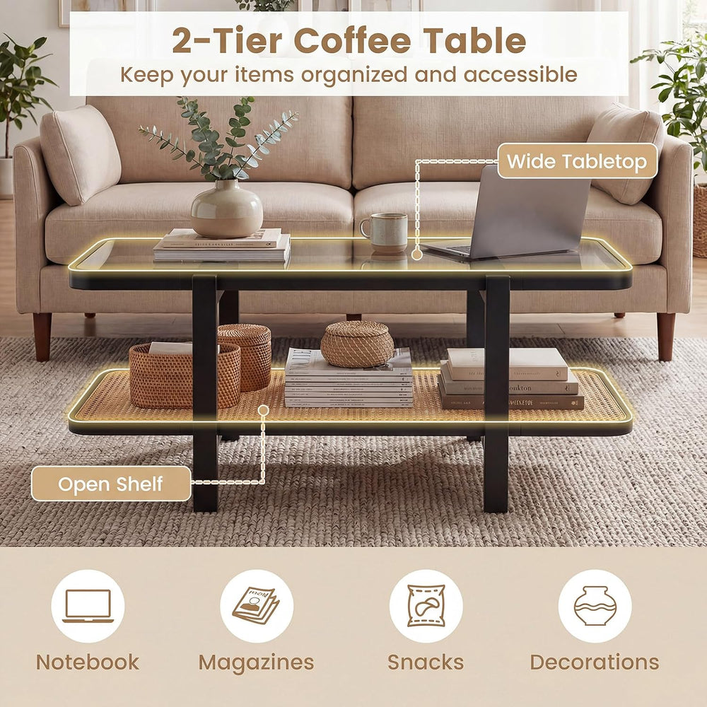 GOFLAME Rattan Coffee Table, 47.5” Solid Wood Center Table with Tempered Glas...