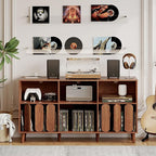 Large Record Player Stand, Record Player Table Vinyl Record Storage Holder Records Cabinet Organizer with Power Outlet for Living Room, Walnut