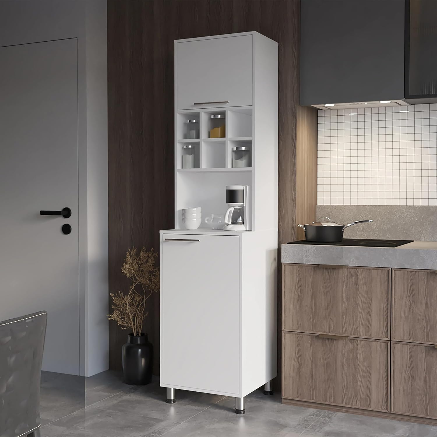 19.6"D*19.7"W*80.3"H Corner Freestanding Kitchen Pantry with Dawer, 2 Shelves & 2 Single Doors, 6 Compartments, Rectangular Wood Storage Cabinet, Modern, for Living Room, Dining Room, White