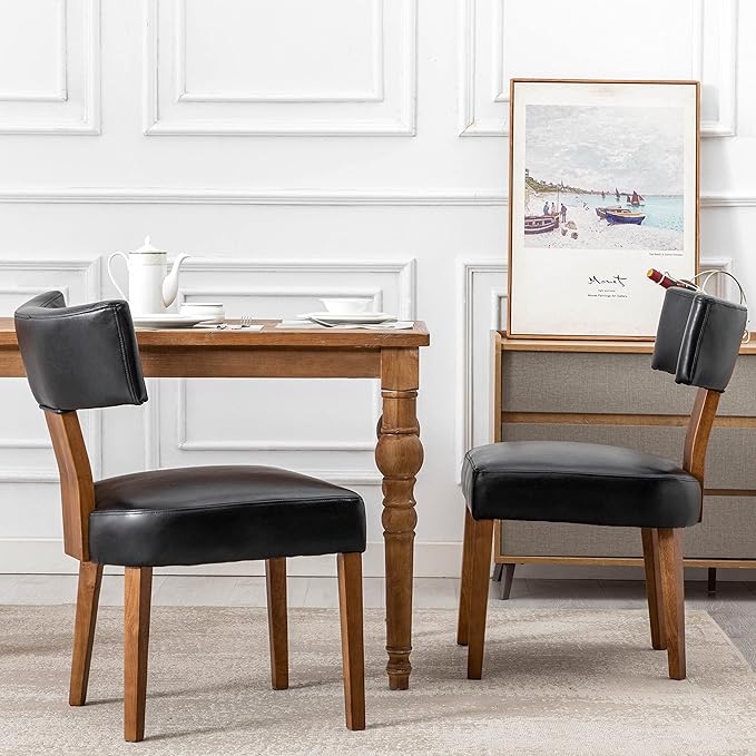 Mid Century Modern Dining Chairs Set of 6 PU Leather Upholstered Side Chairs, Modern Kitchen Armless Parson Chairs Solid Wood Dining Chairs, Black