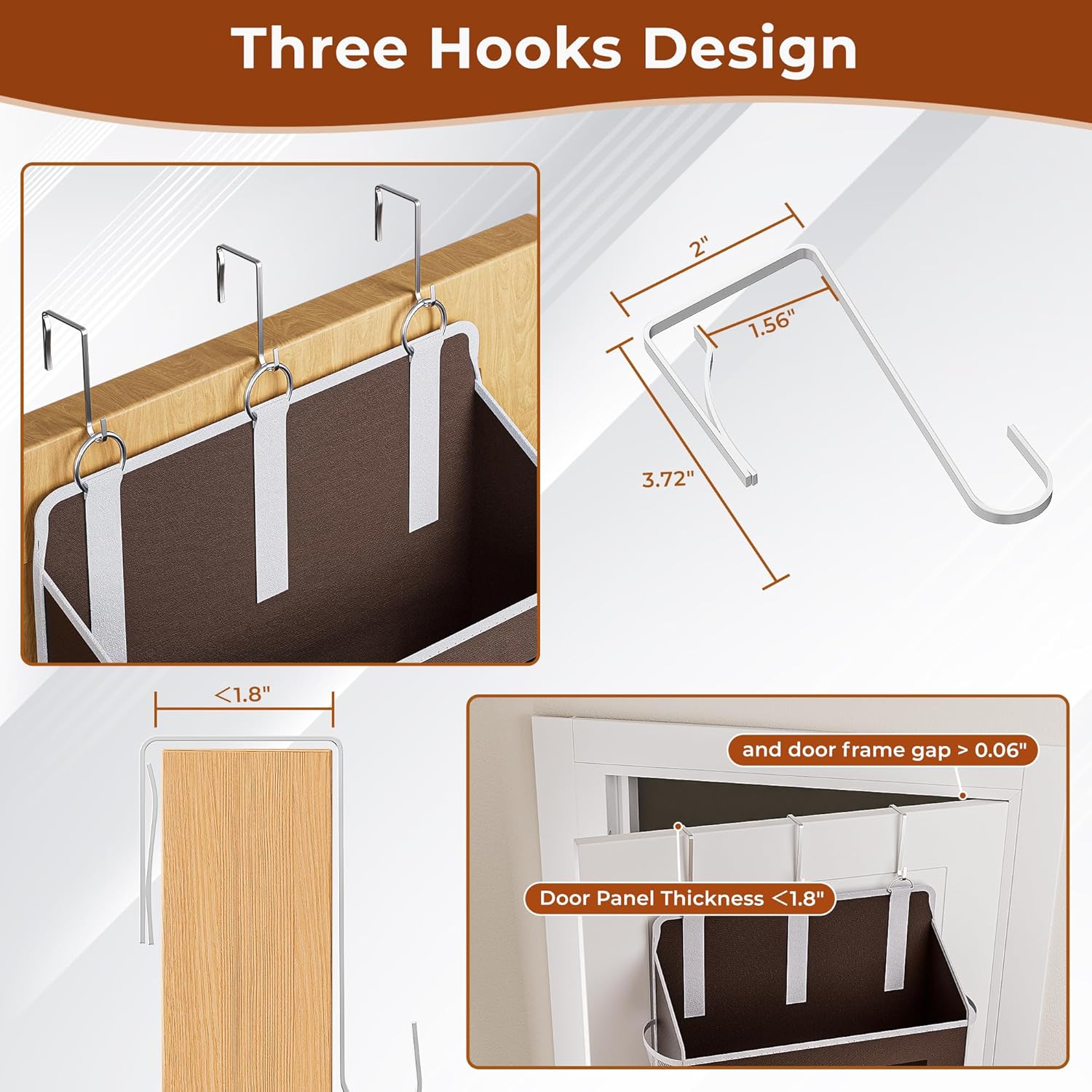 2 Packs 5-Tier Over the Door Storage Organizer with 10 Side Mesh Pockets, 48 lbs Load Capacity, 3 Hooks Design, Hanging Organizer with Clear Windows for Bathroom, Bedroom, Nursery, Kitchen-Brown