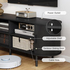 86.6" TV Stand with Power Outlet, Mid-Century Modern Television Stand, Fluted Media Console with Sliding Doors, Entertainment Center for TVs up to 90 Inch, Adjustable Shelves, Black