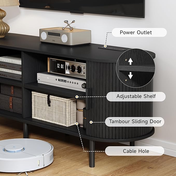 86.6" TV Stand with Power Outlet, Mid-Century Modern Television Stand, Fluted Media Console with Sliding Doors, Entertainment Center for TVs up to 90 Inch, Adjustable Shelves, Black