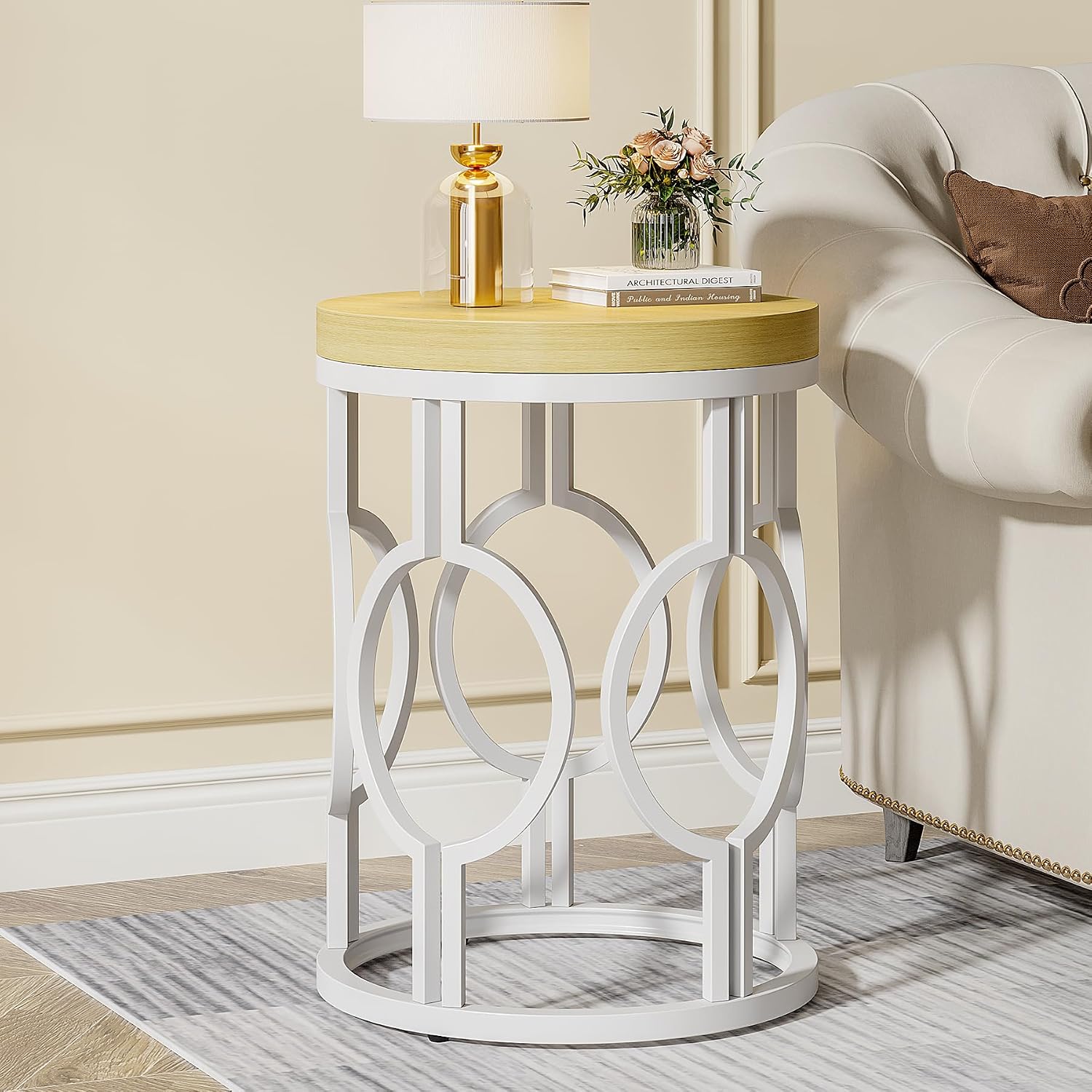 Tribesigns Round End Table, Farmhouse Side Table with White Metal Hollow Frame, Small Bedside Table Nightstand for Living Room, Bedroom, Easy Assembly (Natural Beige,1PC)