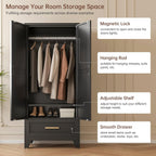 71" Tall Metal Wardrobe Cabinet with Drawer and Hanging Rod, 2 Doors Armoire Wardrobe Closet with Shelf for Bedroom, Office, Laundry Room, Black