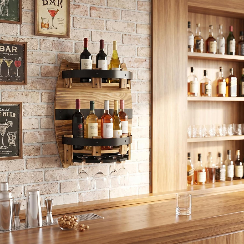 Whiskey Barrel Wall Shelf, Wooden Bourbon Bottle Display Rack | Vintage Handcrafted Wooden Liquor Storage Shelf for Home Bar, Kitchen, Man Cave and Farmhouse Decor