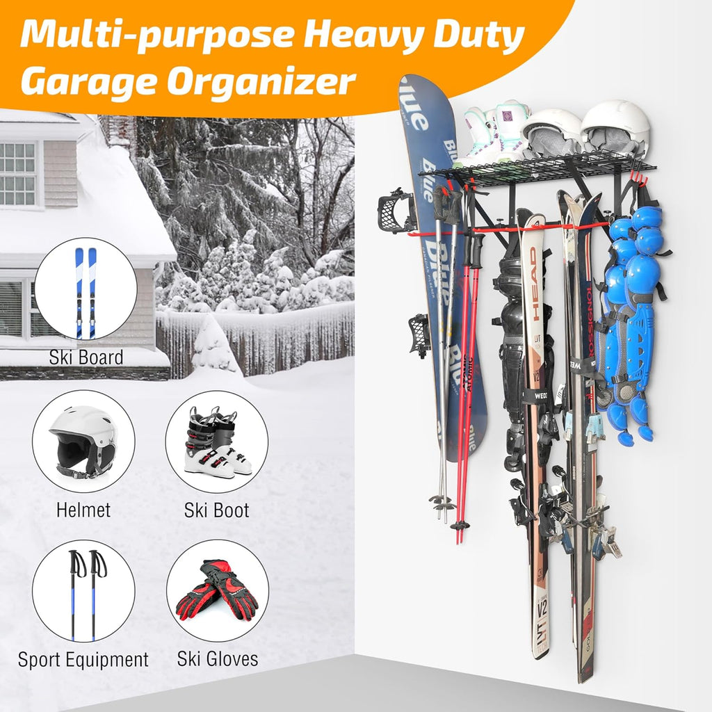 PLKOW Wall-Mounted Ski Rack, Skis Storage Rack for Garage Shed with Top Storage Shelf, Customizable Spacing, Supports Up to 560 lbs, 2-Pack