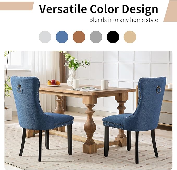 Modern Dining Chairs Set of 8, Tufted Upholstered Dining Chairs with Solid Wood Legs, Blue Linen Fabric Kitchen Chair, Sillas de Comedor, Comfy Kitchen Chair (Blue, Linen, 8Pcs)
