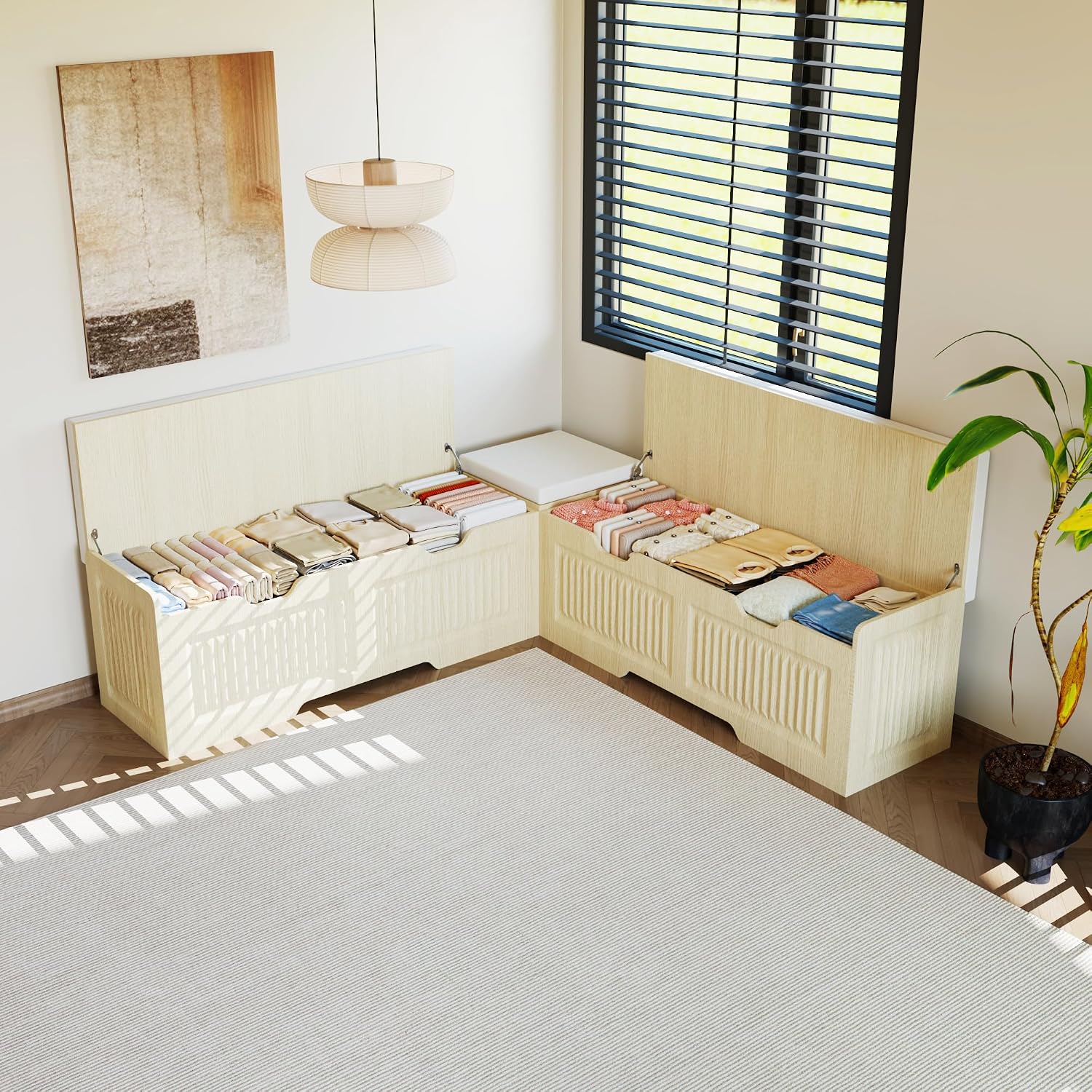 L Shape Storage Bench,63 in L-Shaped Kitchen Breakfast Corner Bench with Cushioned Seat and Hidden Storage Function,Wooden Backless Bench for Entryway,Suitable for Dining Room,Kitchen