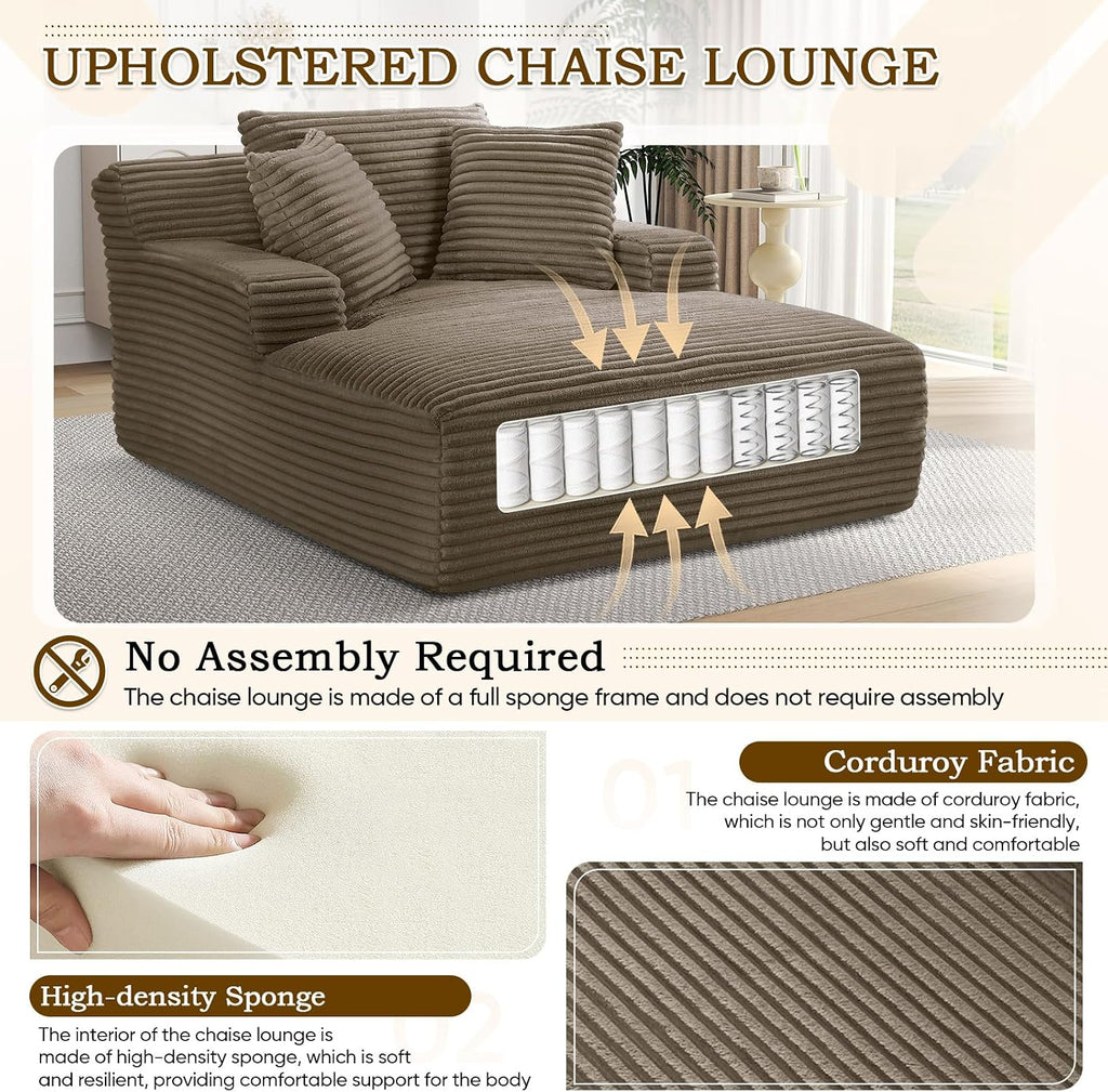 Oversized Chaise Lounge Chair Indoor,50" W Upholstered Corduroy Sofa with 3 Pillows,Comfy Fluffy Cloud Couch,Modern Deep Seat Sofa,Single Sleeper Sofa Chair for Livingroom,Bedroom,No Assembly(Brown)