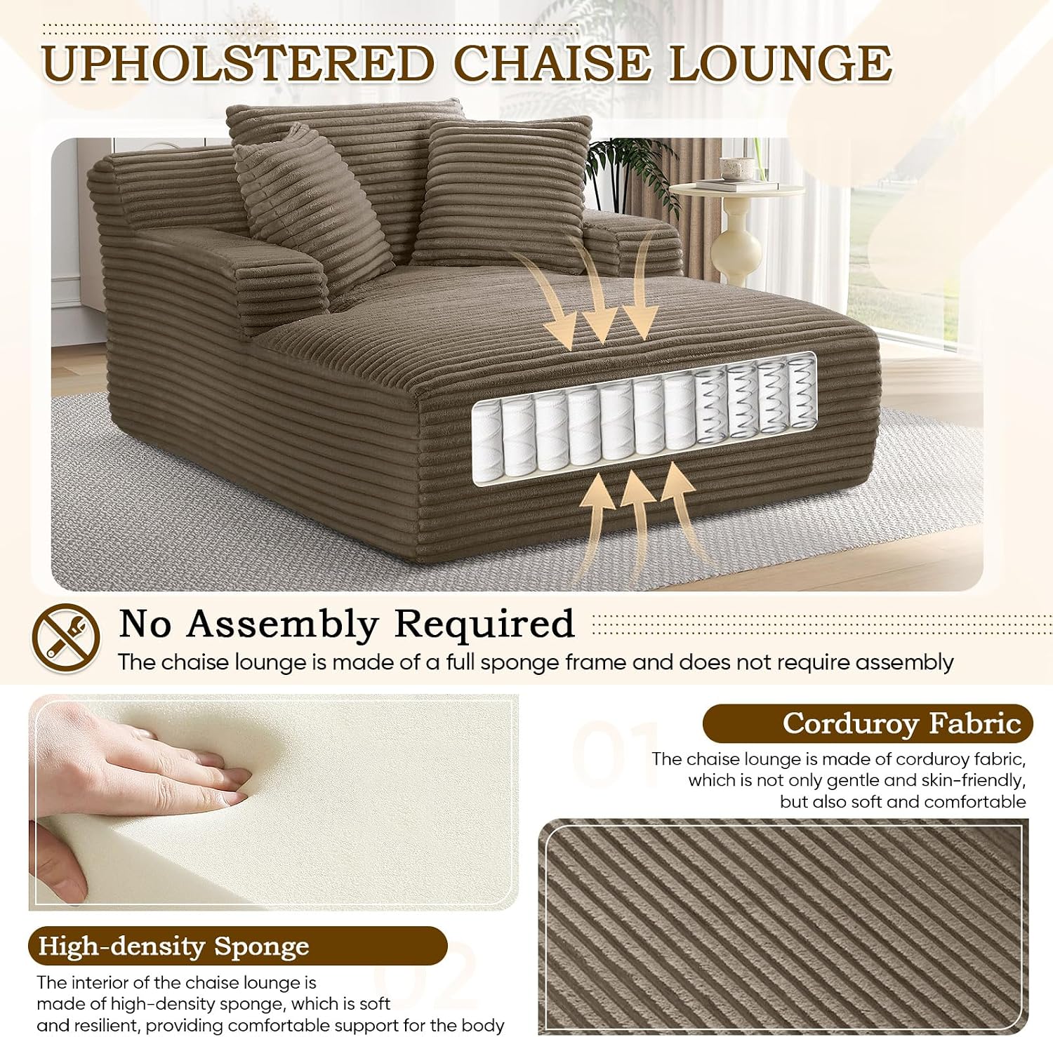 Oversized Chaise Lounge Chair Indoor,50" W Upholstered Corduroy Sofa with 3 Pillows,Comfy Fluffy Cloud Couch,Modern Deep Seat Sofa,Single Sleeper Sofa Chair for Livingroom,Bedroom,No Assembly(Brown)