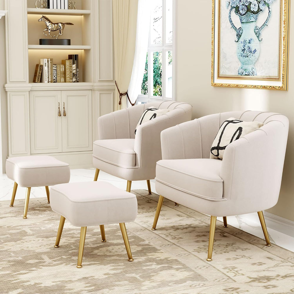 Andeworld Velvet Accent Chair with Ottoman, Barrel Armchair, Beige | Velvet U...