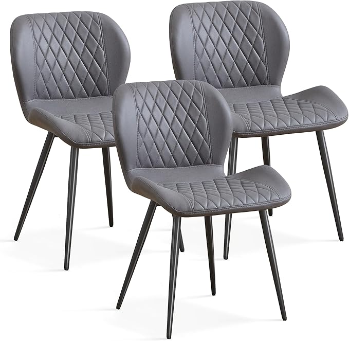 Dining Chairs Set of 3, Comfy Modern Dining Chairs with Thick Cushions, Upholstered Fabric Kitchen Side Chairs with Adjustable Metal Legs for Dining Room (Dark Grey)