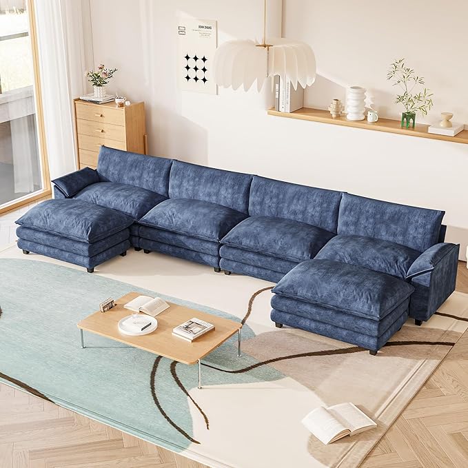 Furniwell 159" Modern Couches Sectional Sofa with Movable Ottoman, U Shaped Sofa Couch with Comfy Chenille and Deep Seat, 4-Seat Cloud Couch for Living Room, Bedroom and Apartment