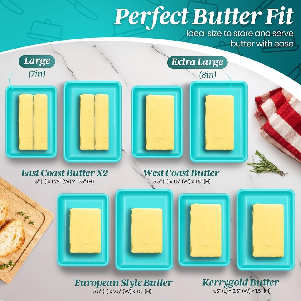 Flexzion Ceramic Blue European Butter Dish with Lid for Countertop (7 Inch) - Wide 2 Stick Double Butter Holder for Counter, Cream Cheese Container Storage Keeper