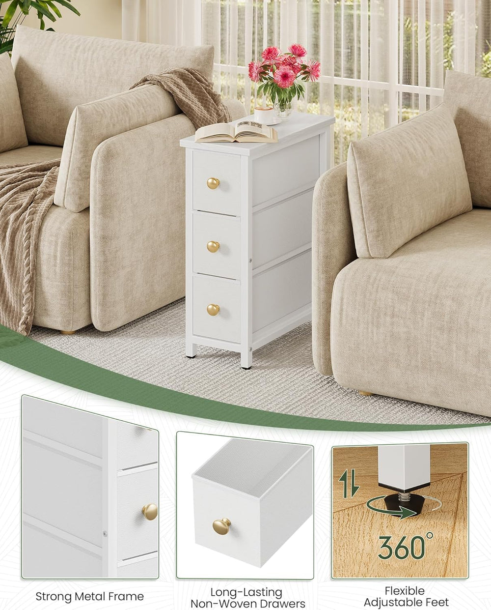 CHOEZON Narrow Side Table with 3 Fabric Drawers, Industrial Slim Bedside Tabl...