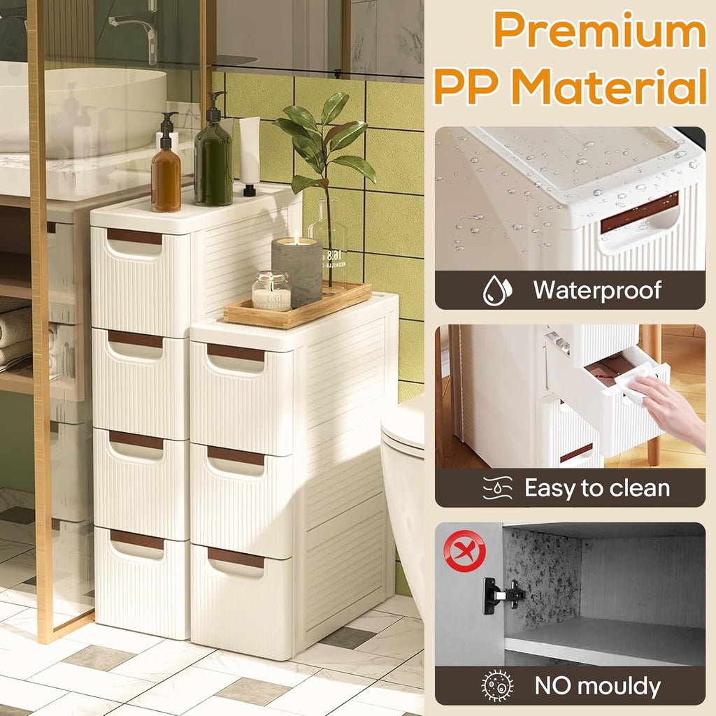 4 Drawers Slim Bathroom Storage Cabinet Dresser, Narrow Plastic Rolling Cart Organizer with Drawers, for Small Spaces, Kitchen, Laundry, Office, Bedroom, White