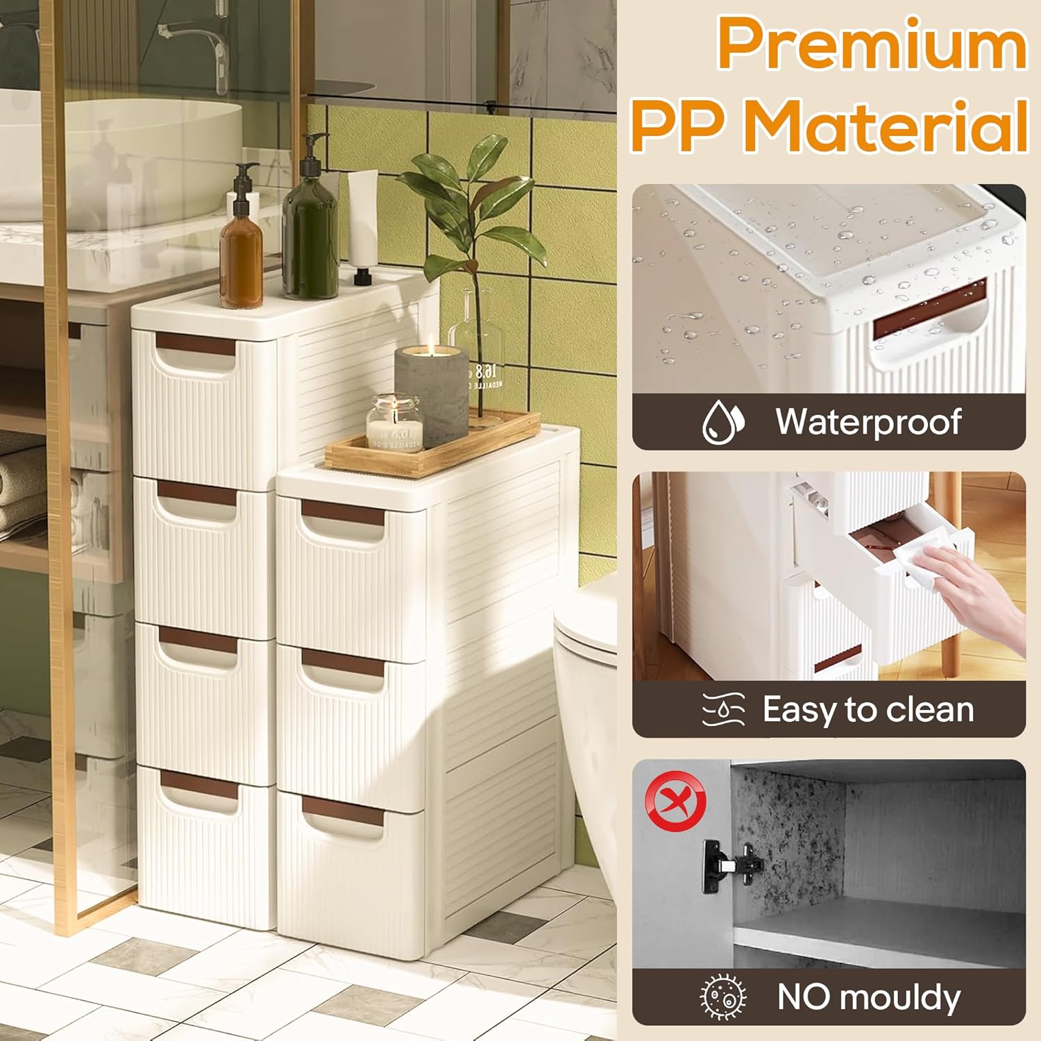 4 Drawers Slim Bathroom Storage Cabinet Dresser, Narrow Plastic Rolling Cart Organizer with Drawers, for Small Spaces, Kitchen, Laundry, Office, Bedroom, White