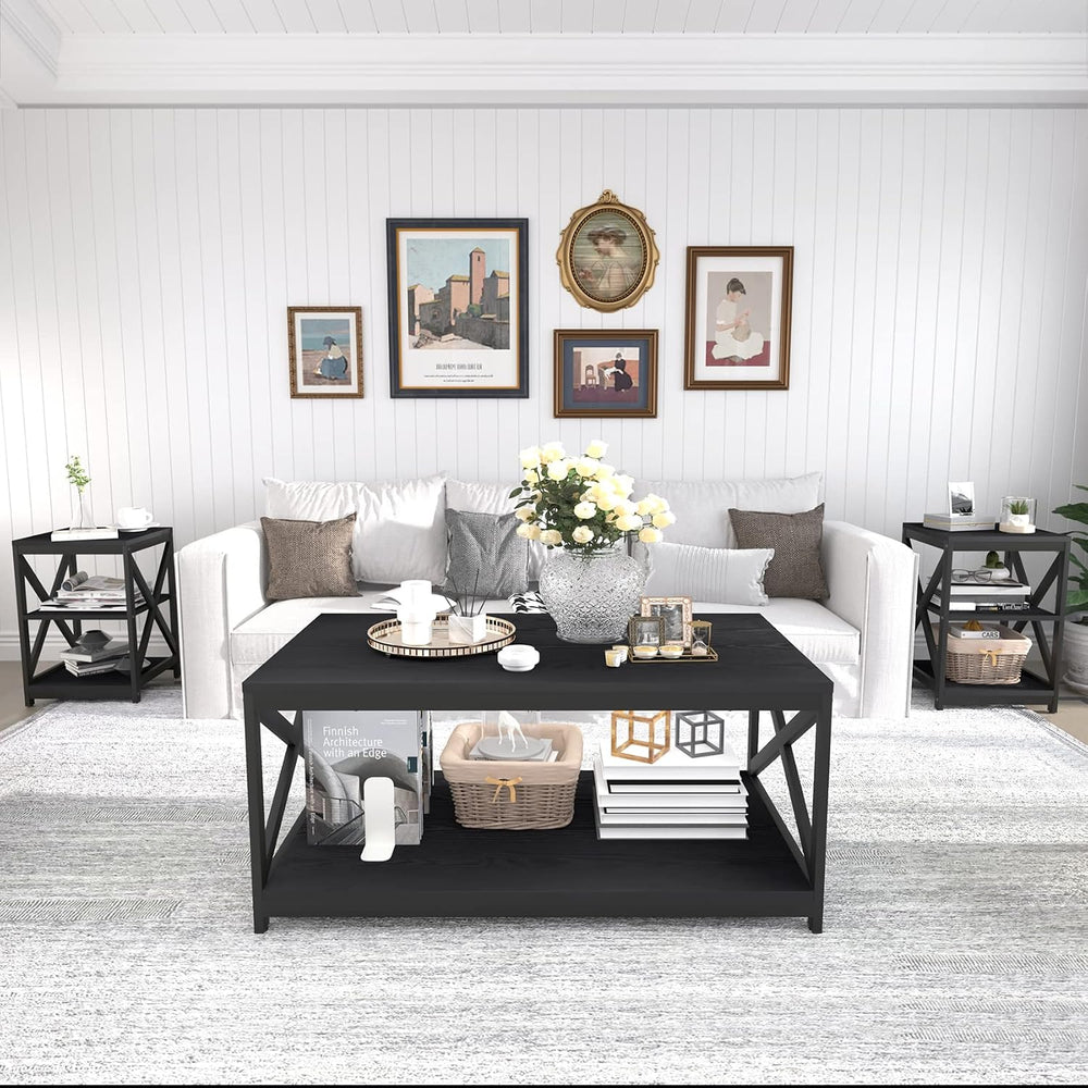 Bigbiglife Living Room Coffee Table Set of 3, Industrial X-Design Coffee Tabl...