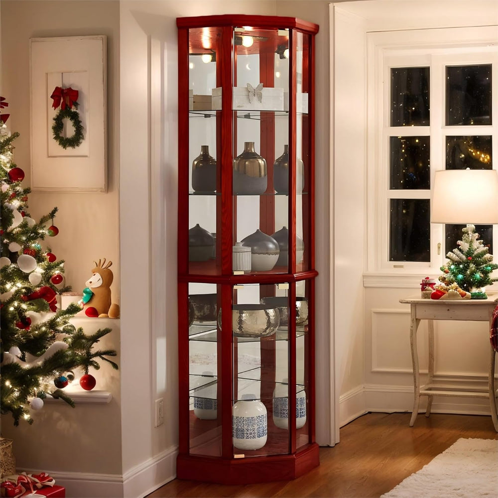 Corner Curio Cabinet, 70" Tall Lighted Glass Display Cage with Tempered ...