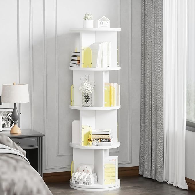 VECELO Rotating Bookshelf Tower, 360°Spinning Bookcase, Modern Tall Book Shelf Storage Display Rack Floor Standing, 4-Tier Swivel Storage Rack for Kids&Adults Solid Wood, White
