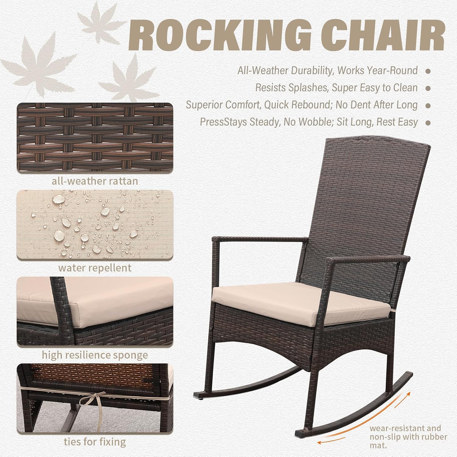 Oasishine Outdoor Rocking Chair 3 Pieces High-Backed Rocking Chair Patio Rocking Chairs Outdoor Table, Khaki