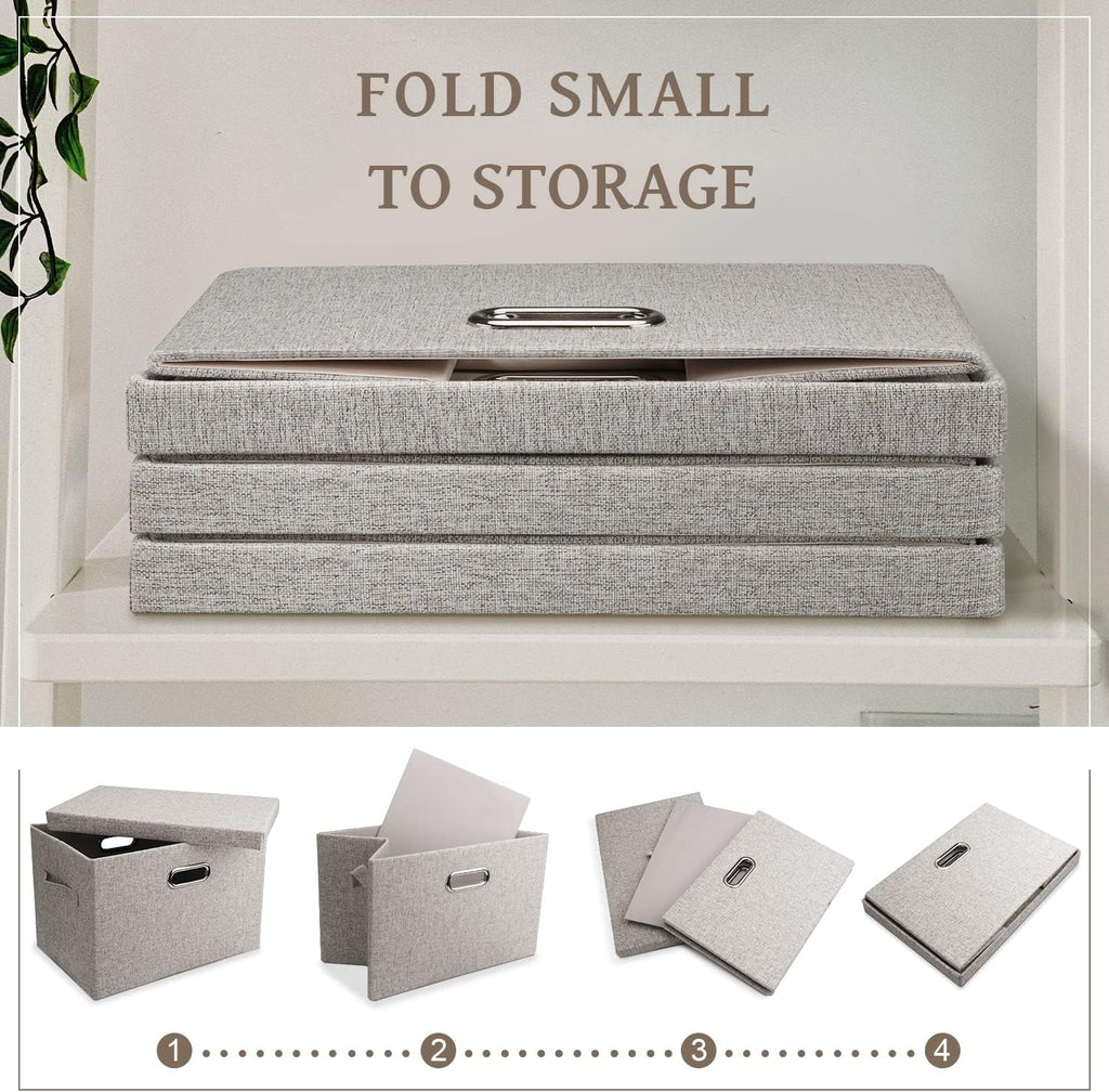 Medium 15" 21 Quart Collapsible Stackable Storage Bins with Lids, 3 Packs Beige Foldable Fabric Closet Boxes Heavy-duty Linen Cube Baskets Container for Bedroom Office (15 x 11 x 8)