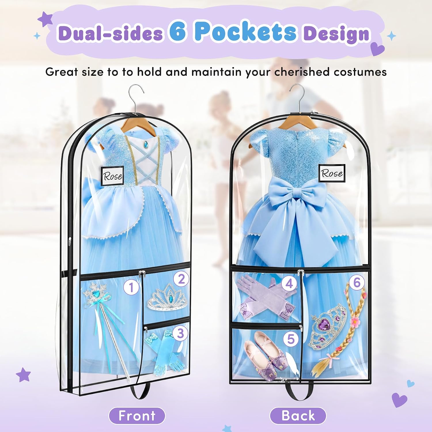 SLEEPING LAMB Dual-sided 6 Pockets Dance Garment Bags for Dancers, 40" Clear Kids Dance Costume Bag for Dance Competition Hanging Garment Bag for Ballet, Outfits, Cheer Uniform, Dress, 2 Packs, Black