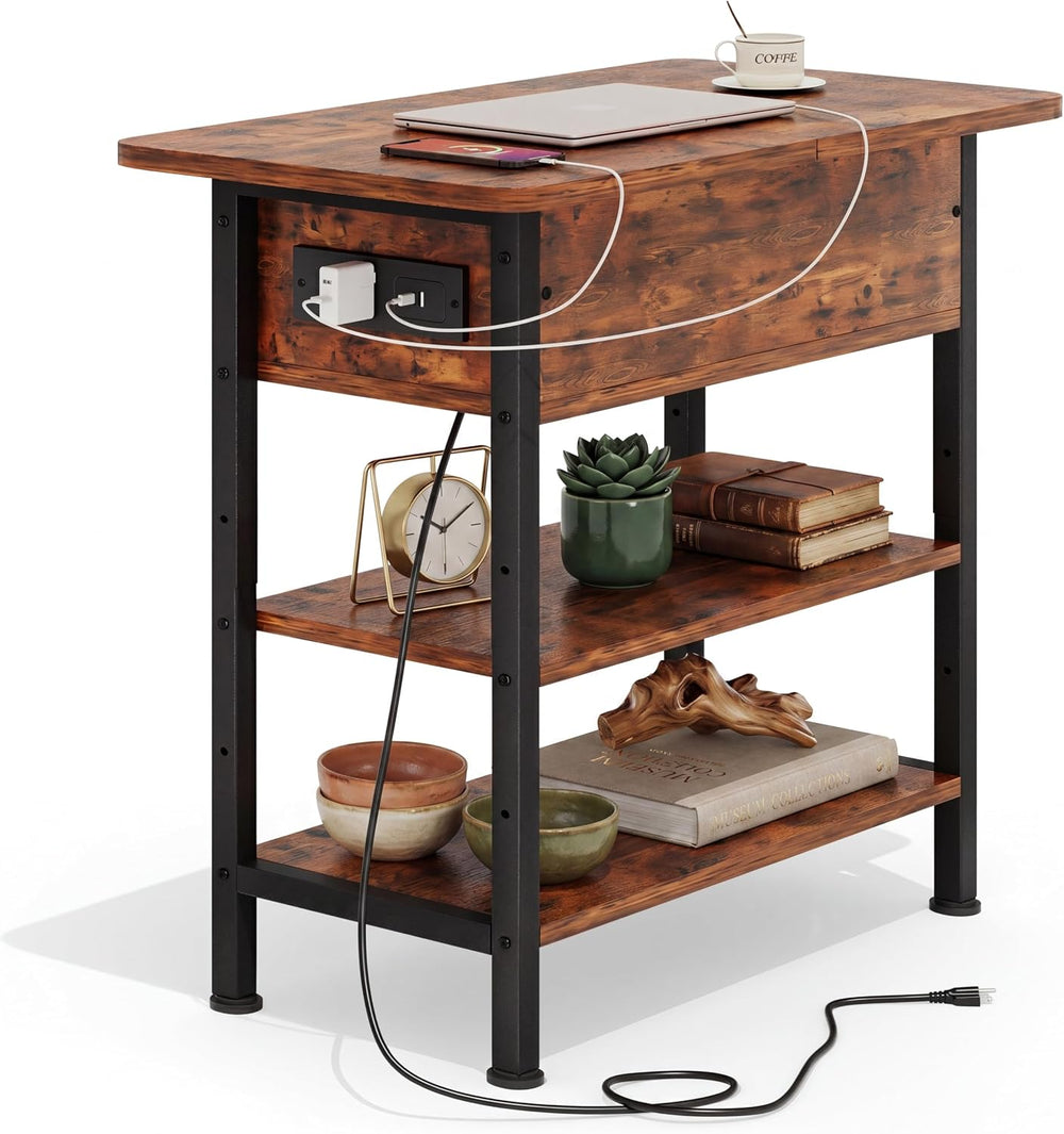 GRUSIGN End Table with Charging Station, Flip Top Side Table with USB Ports a...
