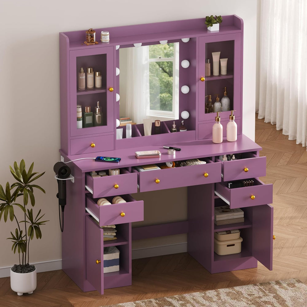 HUANLEGO Purple Vanity Desk with Mirror and Lights for Girls Women | Makeup V...