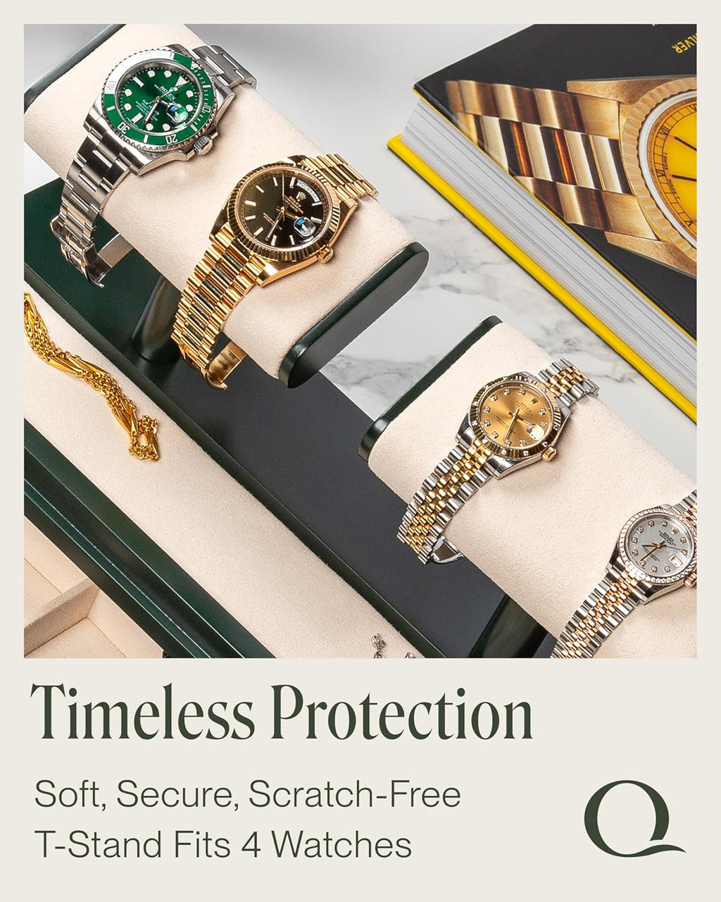 QWATCH Watch Stand Display Case - Acrylic Watch Box for 2 or 4 Watches with Jewelry Valet Tray and Drawer
