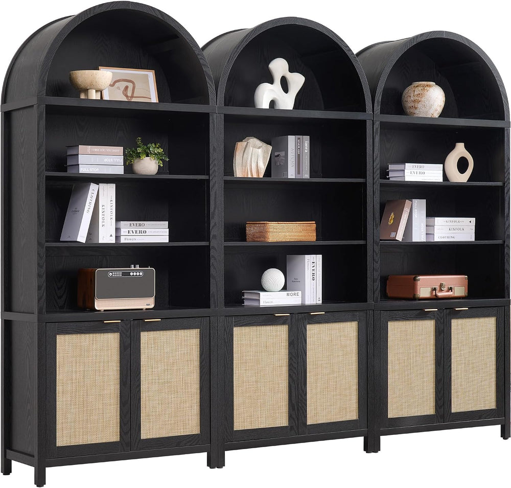 SICOTAS 84.2" Tall Arched Bookcase with Doors - 5 Tier Rattan Bookshelf