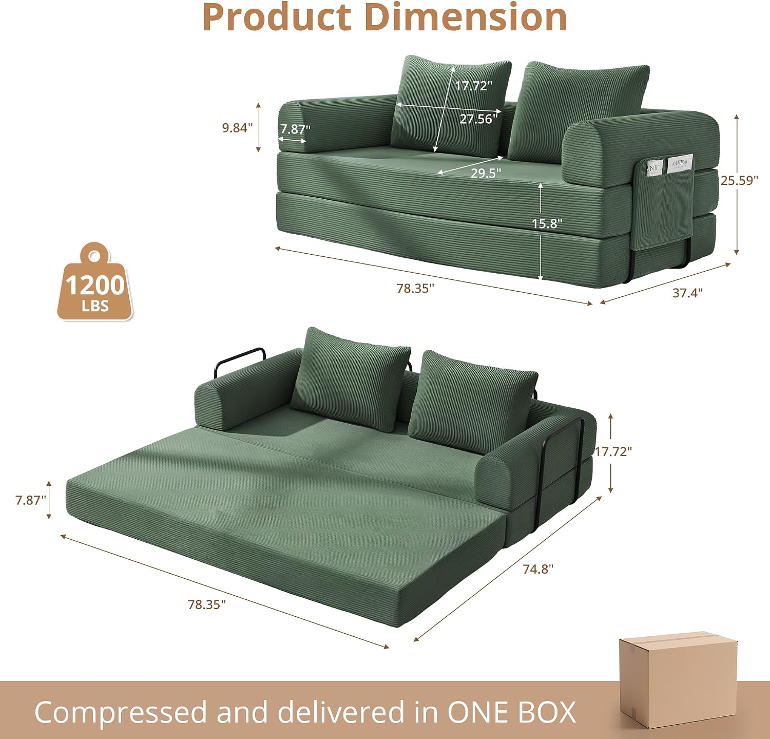 4-in-1 Boneless Folding Convertible Sofa Bed, 78 Inch Corduroy Loveseat Sleeper Couches with Pull Out Bed, Futon Couch for Living Room Bedroom, No Assembly Needed, Green