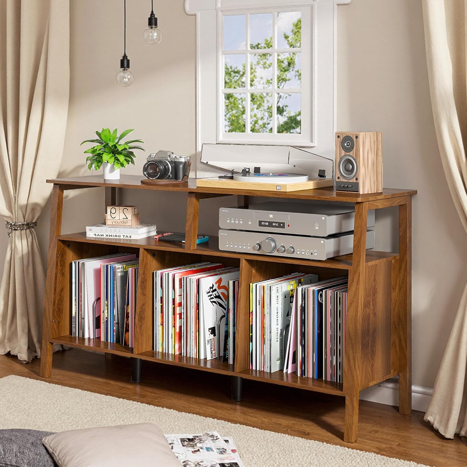 Large Record Player Stand,Mid Century Turntable Stand Table with Open Storage Holds up to 450 Albums,Vinyl Record Storage Display Shelf for Living Room Bedroom (55.12'' Walnut)