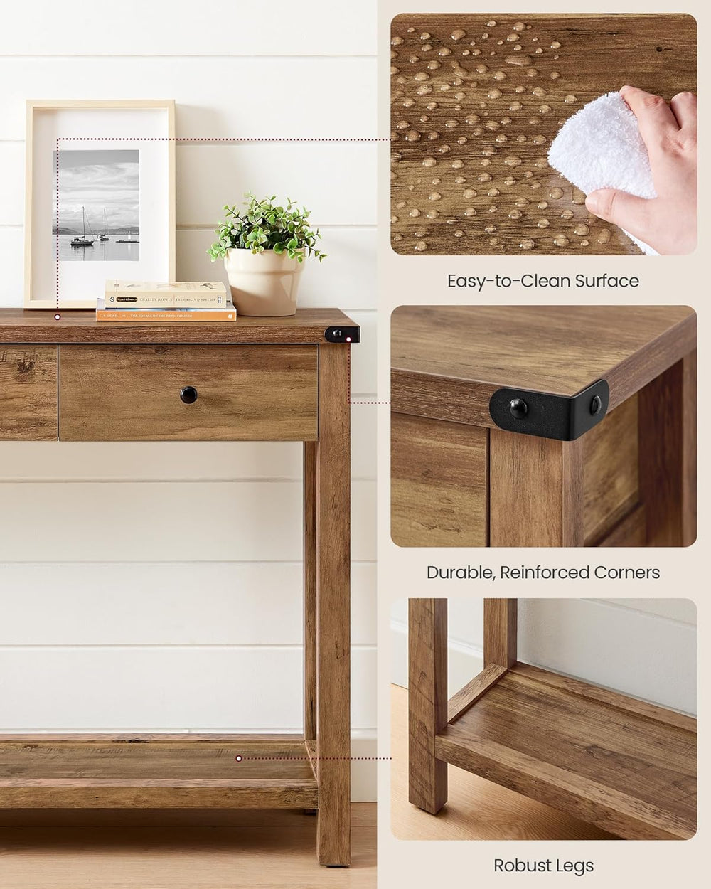 VASAGLE LIRY Collection Narrow Console Table with 3 Drawers, Brown | Sofa Tab...