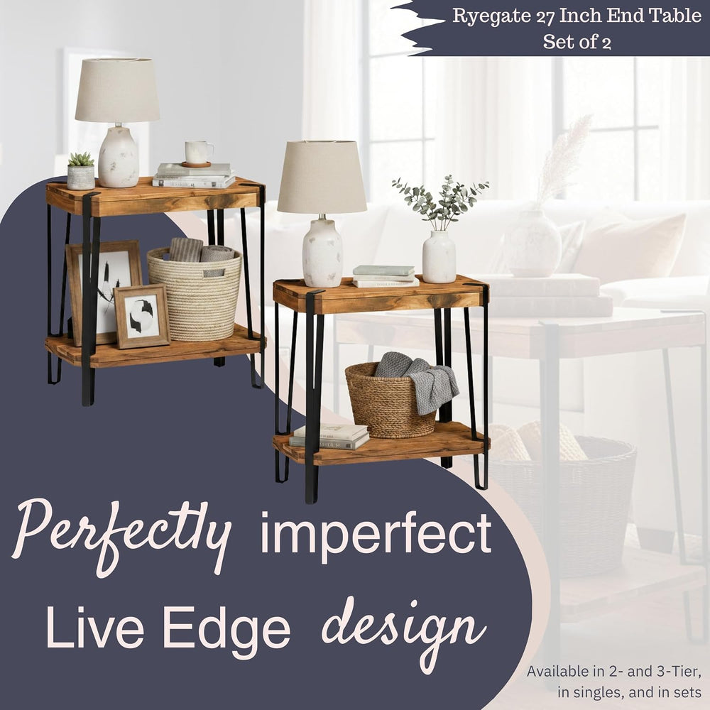 Ryegate Live Edge Modern End Tables Set of 2-2-Tier Acacia Wood Nightstands w...