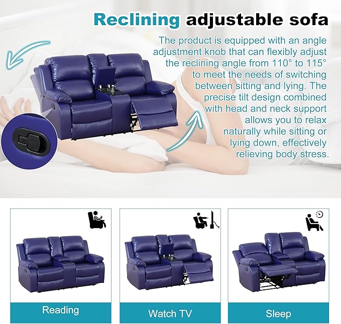 Recliner Sofa Set Couches for Living Room Chair Semi PU Fabric Living Room Furniture Sets, Adjusted Loveseat Reclining Couch Furniture Sofa Set for Theater Seating, Dark Blue