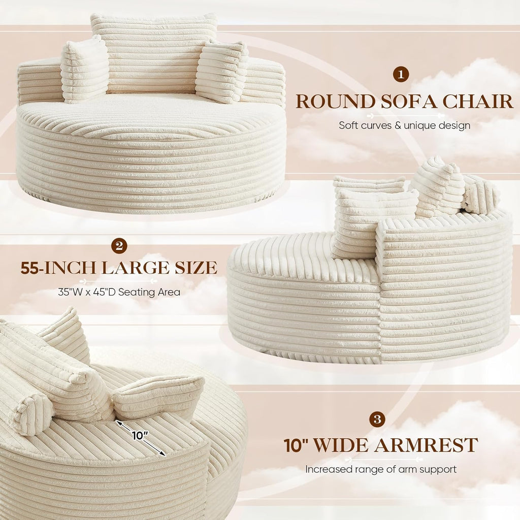 Oversized Round Chaise Longue Chair Indoor, Modern 55-inch Upholstered Corduroy Deep Seat Circle Single Cloud Lounge Floor Sofa Chair for Living Room, Bedroom Apartment, Beige