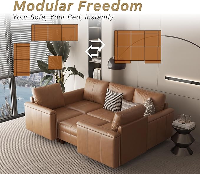 SITJOY Faux Leather Modular Sectional Sofa with Storage, Mid Century Modern Sectional Couches for Living Room, Soft Padded Armrests, 6 Seat Couch and Loveseat Sets with Ottoman, Brown