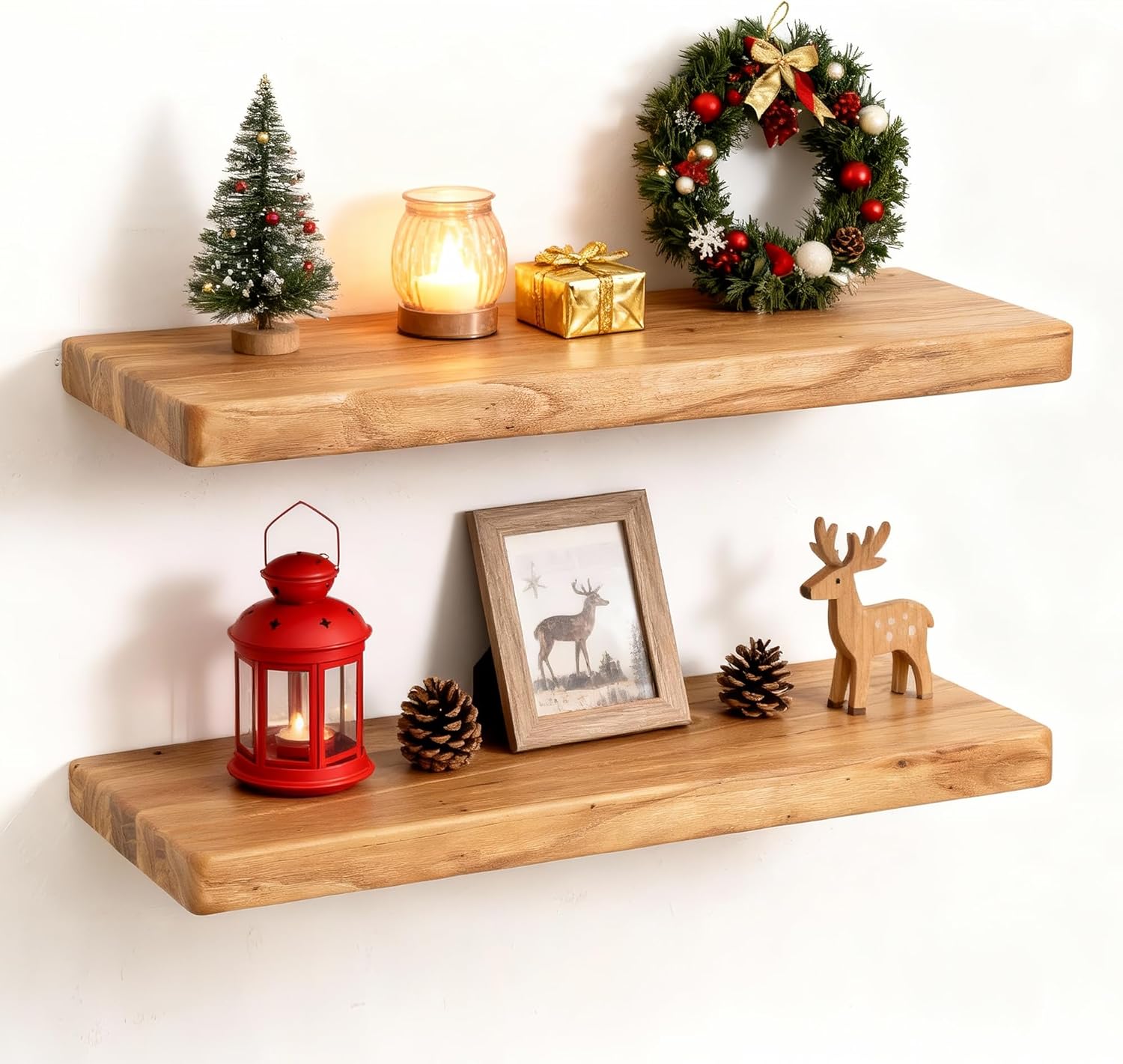 Fun Memories Rustic Solid Elm Wood Floating Shelves, 18" W x 8" D Floating Shelf Wall Mounted, 8 Inch Deep Wall Shelves, Wooden Bathroom Shelf for Home, Deep Bookshelf for Living Room, Set of 2