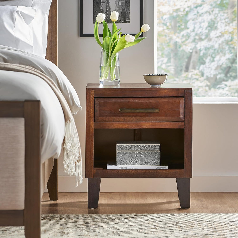roomfitters Industrial Brown Acacia Wood End Table, Luxury 1-Drawer Storage N...