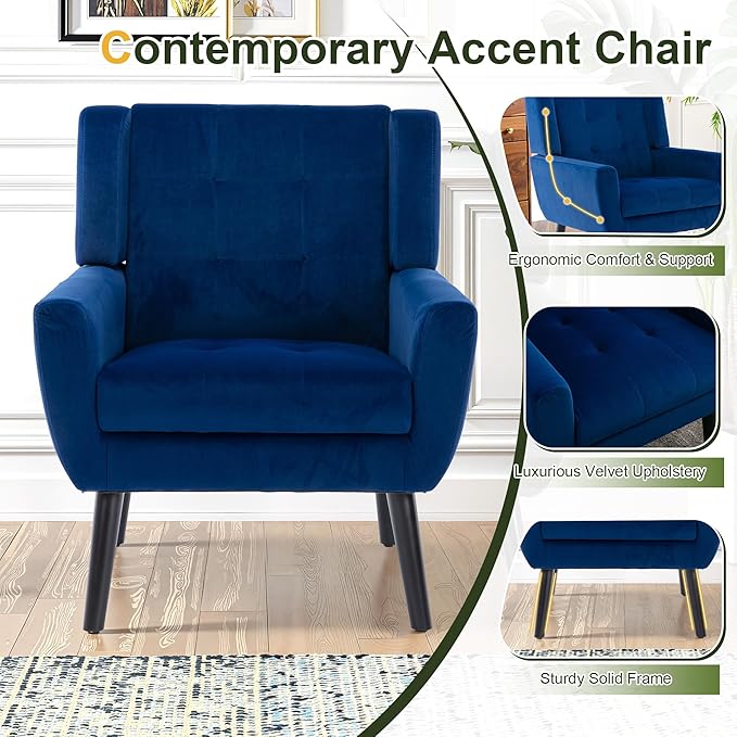 NicBex Modern Accent Chair for Living Room Upholstered Foam Filled Living Room Chairs with Metal Legs Velvet Cozy Lounge Armchair for Living Room Bedroom,Navy Blue