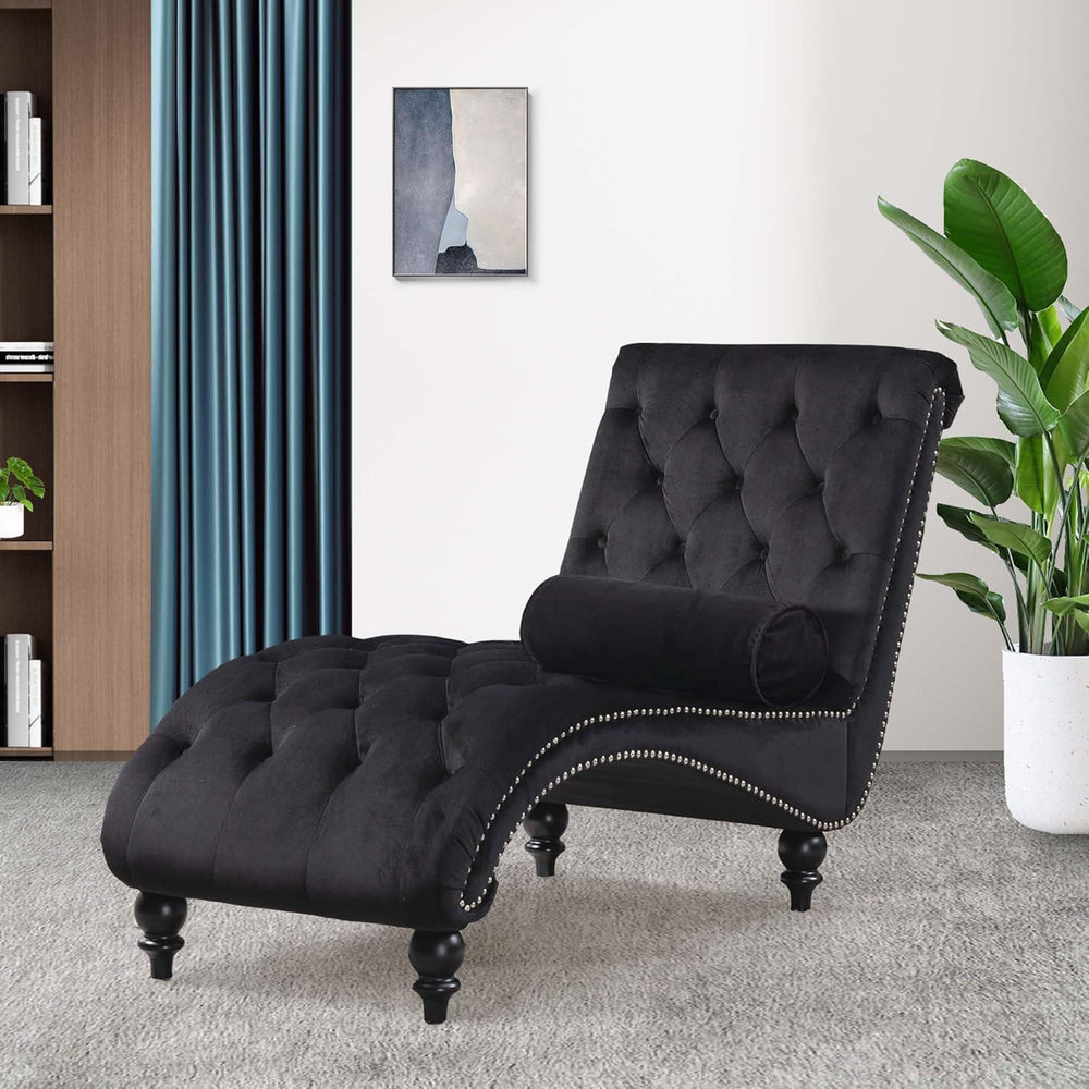 Chaise Lounge Indoor,Velvet Upholstered Lounge Chair Button-Tufted Armless Ch...