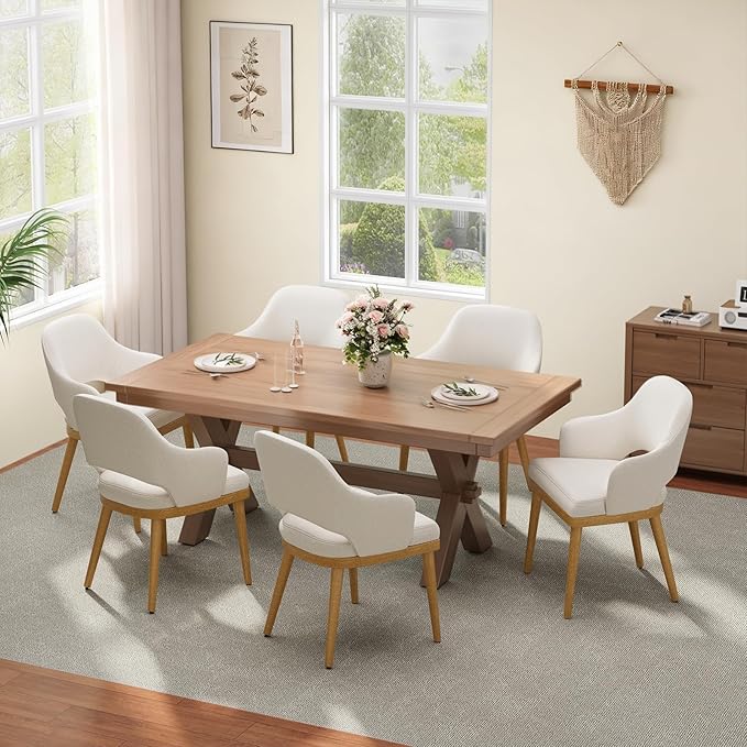 Wooden Dining Chairs Set of 6, Modern Fabric Upholstered Dining Room Chair, Kitchen Side Chairs, Farmhouse Dinner Chair with Open Back for Kitchen, Beige