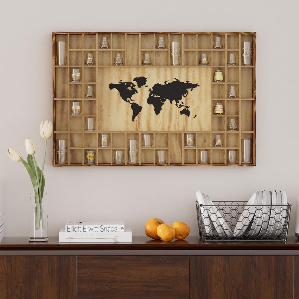 68 Large World Map Shot Glass Display Case Rustic Shot Glass Holder 37x 24.4i...